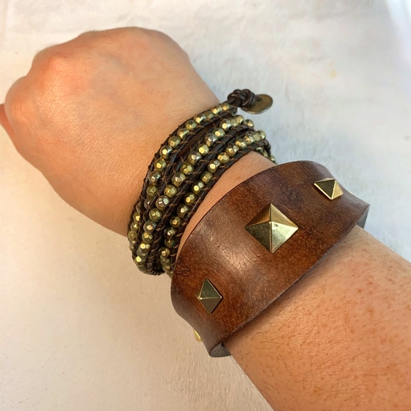 COPY - 2 piece cuff bracelet wrap bracelet set of brown and gold - Picture 1 of 7